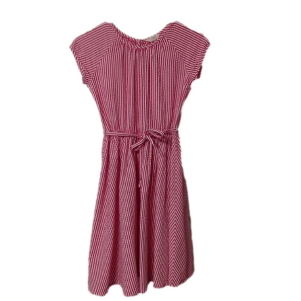 Lands' End Vintage Pink & White Pinstripe Seersucker Cap Sleeve Dress 10 modest - Picture 1 of 8
